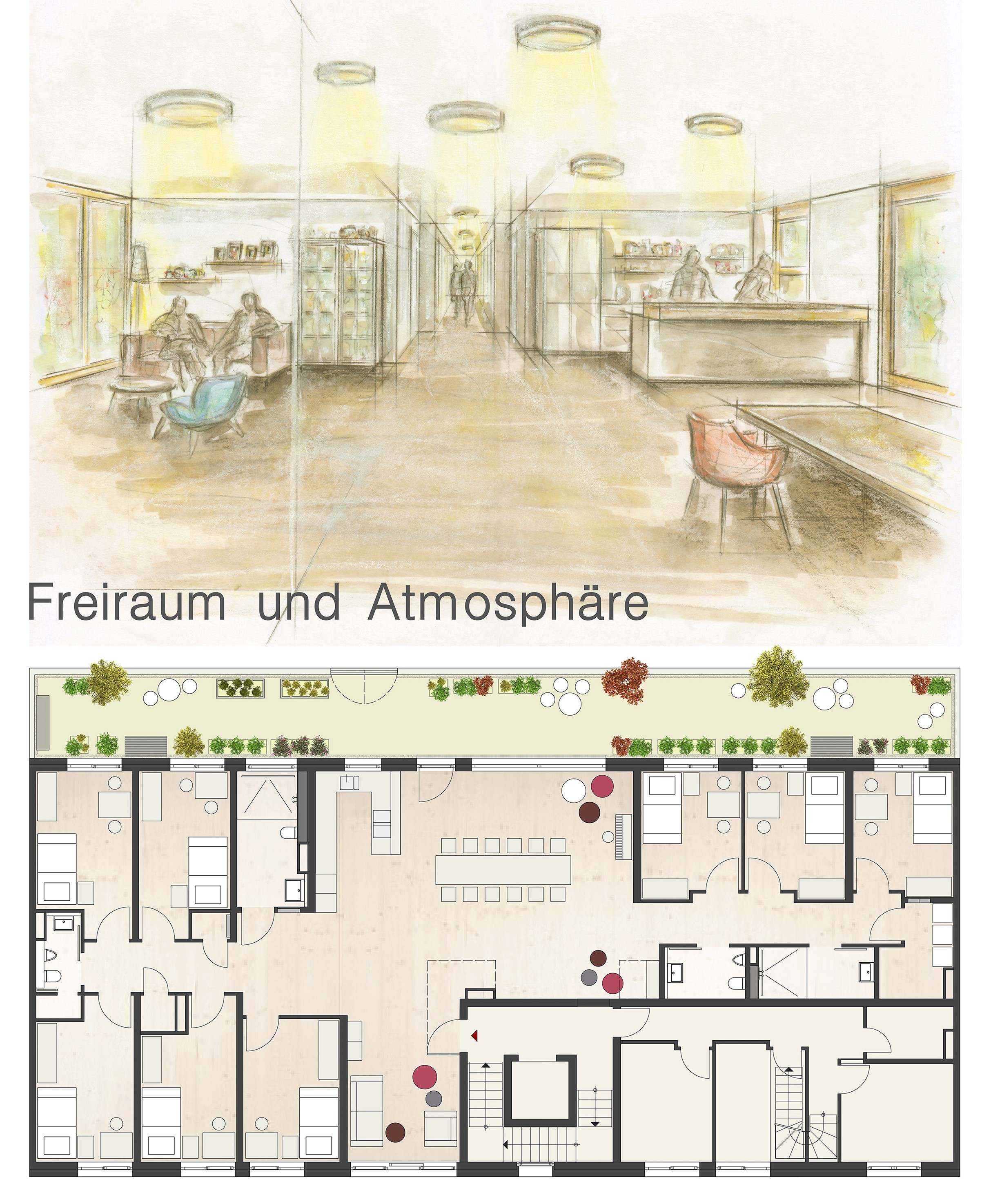 Innenraumskizze und Grundriss